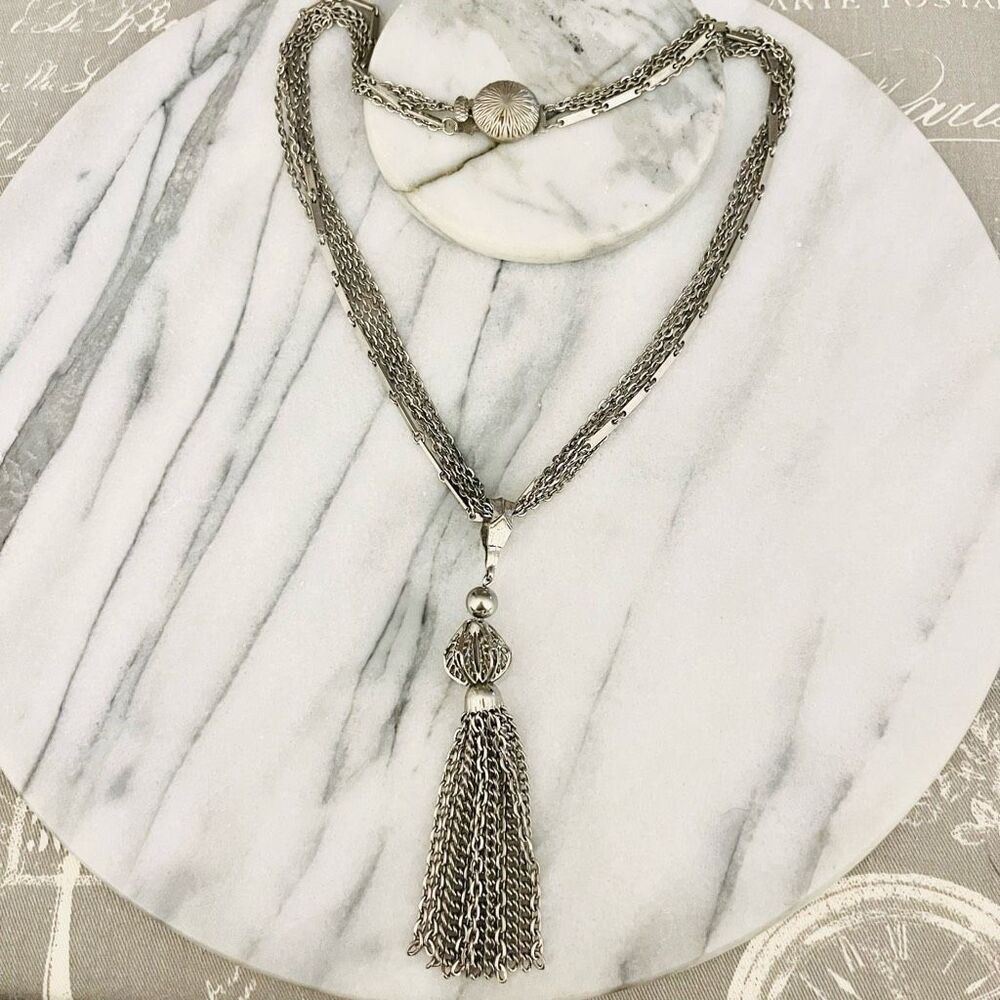 Vintage Metal Tassel Pendant Necklace Silver Toned Metal Chain MCM Midcentury